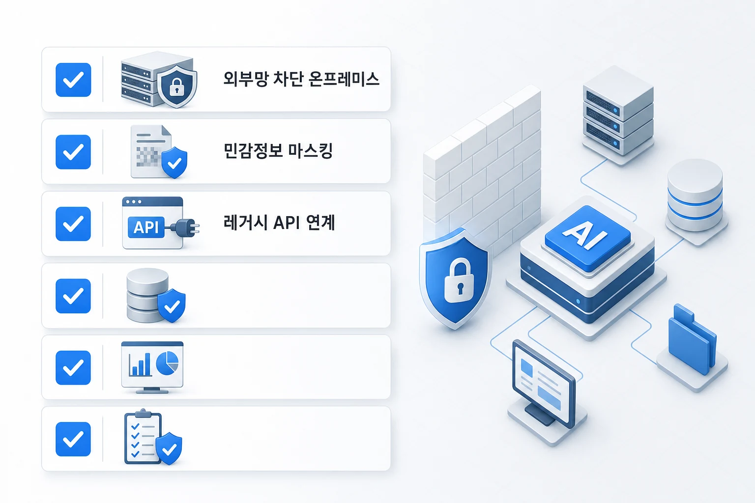 망분리 환경 AI 구축 전 필수 기술 요건 체크리스트 폐쇄망 AI 구축 전 필수 기술 요건 6가지 체크리스트 다이어그램 — 외부망 차단 온프레미스 구축 가능 여부, 민감정보 마스킹 처리 방식, 레거시 시스템 API 연계 검토 등 항목 포함
