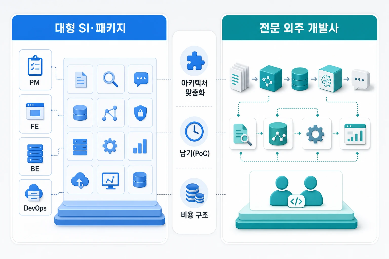 기업용 RAG 솔루션 공급사 유형 비교: 대형 SI vs 전문 외주 개발사 대형 SI 패키지 솔루션과 전문 외주 개발사의 RAG 공급사 유형 비교 다이어그램 — 아키텍처 맞춤화, 납기, 비용 구조 세 축으로 대조