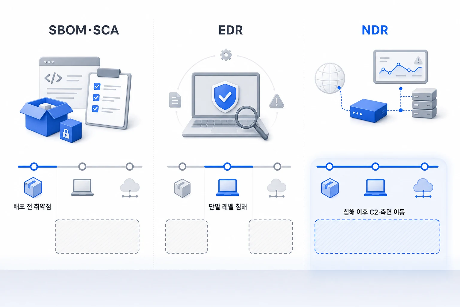 SBOM·SCA, EDR, NDR 세 가지 공급망 보안 솔루션의 탐지 가능 단계를 비교한 다이어그램으로, NDR이 침해 이후 C2 통신·측면 이동·내부 확산 구간을 커버함을 보여줌