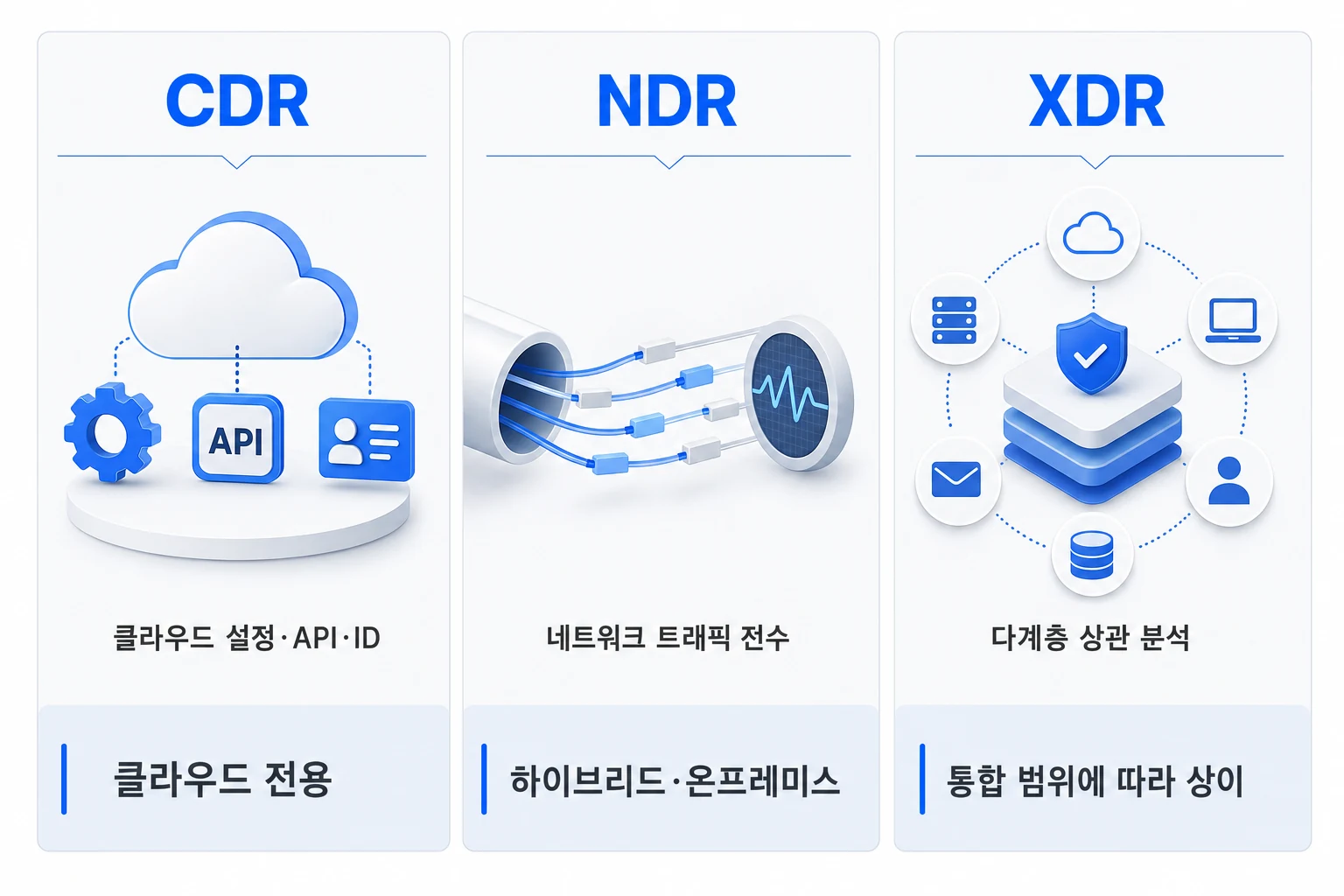 CDR·NDR·XDR 세 가지 아키텍처의 커버리지 레이어와 멀티클라우드 환경 적합성을 비교한 다이어그램