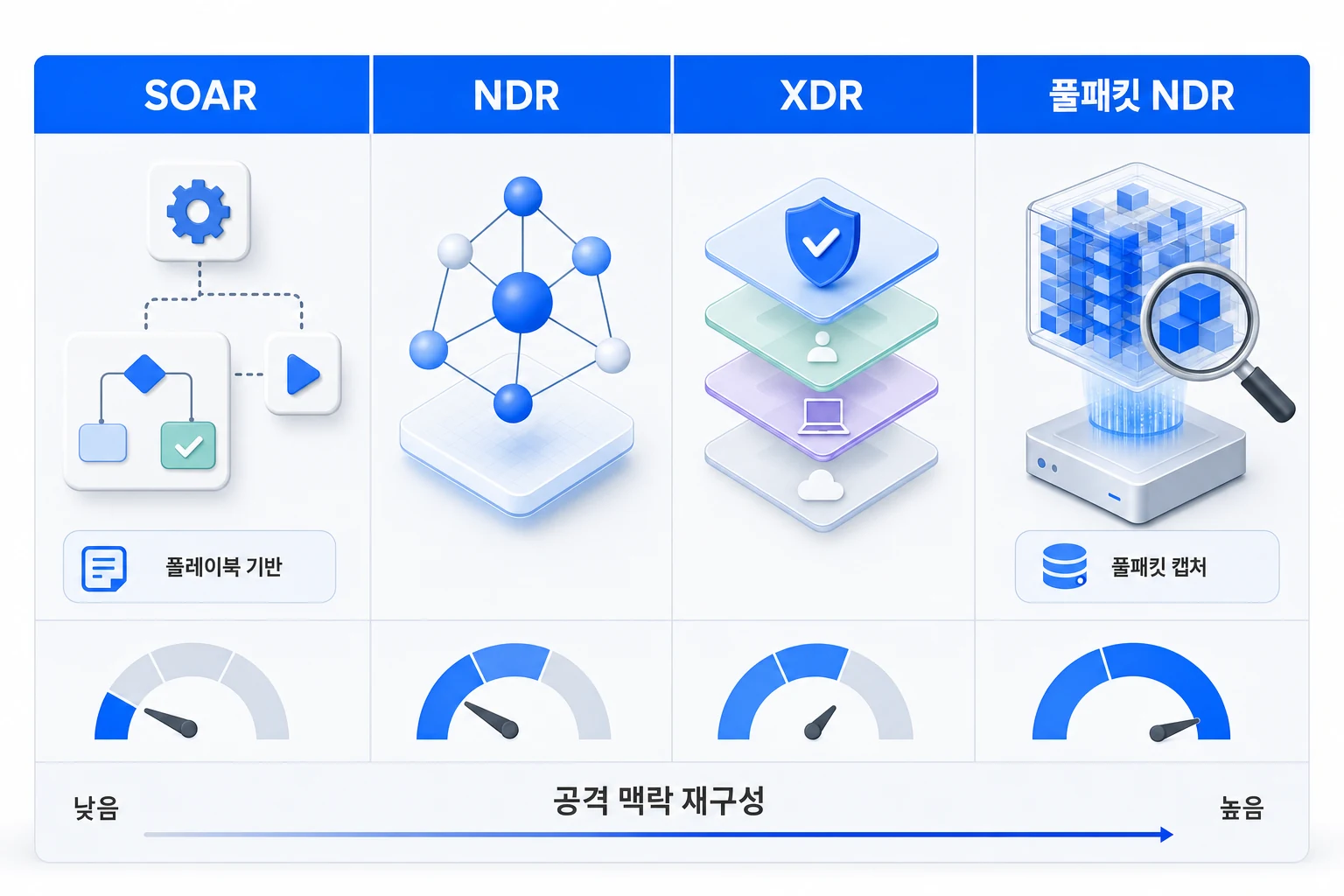 SOAR·NDR·XDR·풀패킷 NDR 4가지 자동화 솔루션 유형의 공격 맥락 재구성 능력과 자동화 방식을 비교한 다이어그램