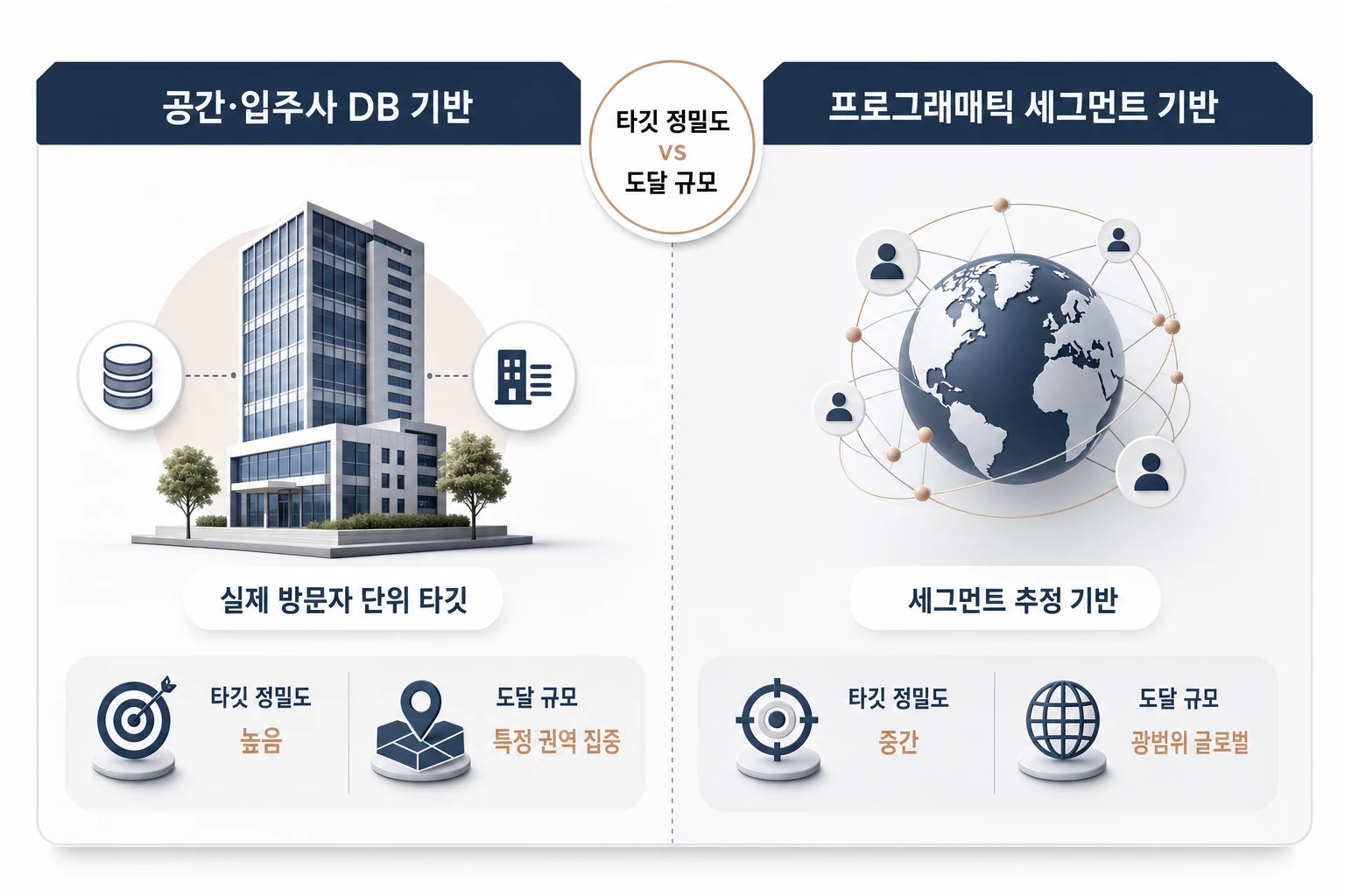 DOOH 타깃팅 방식 비교: 공간 DB형 vs 프로그래매틱 세그먼트형 공간·입주사 DB 기반 DOOH 타깃팅과 프로그래매틱 세그먼트 기반 DOOH 타깃팅의 타깃 정밀도 및 도달 규모 비교 다이어그램