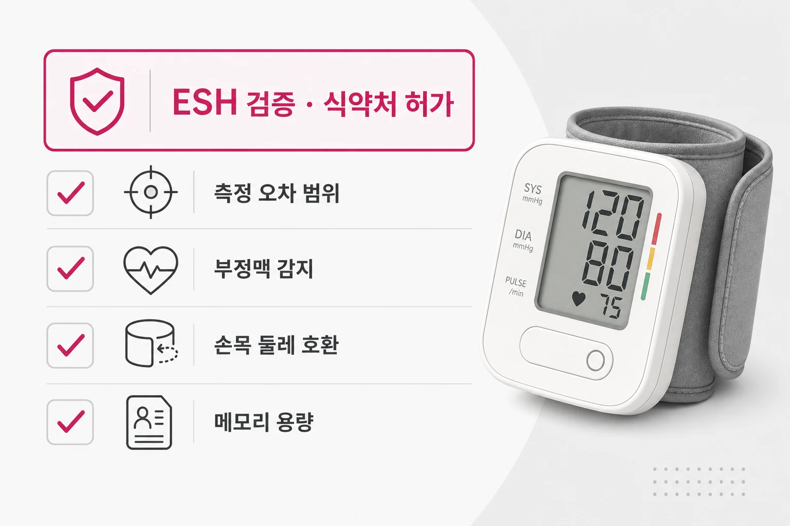 손목형 혈압계 선택 기준 체크리스트 손목형 혈압계 선택 시 확인해야 할 5가지 체크리스트: ESH 검증·식약처 허가, 측정 오차 범위, 부정맥 감지, 손목 둘레 호환, 메모리 용량
