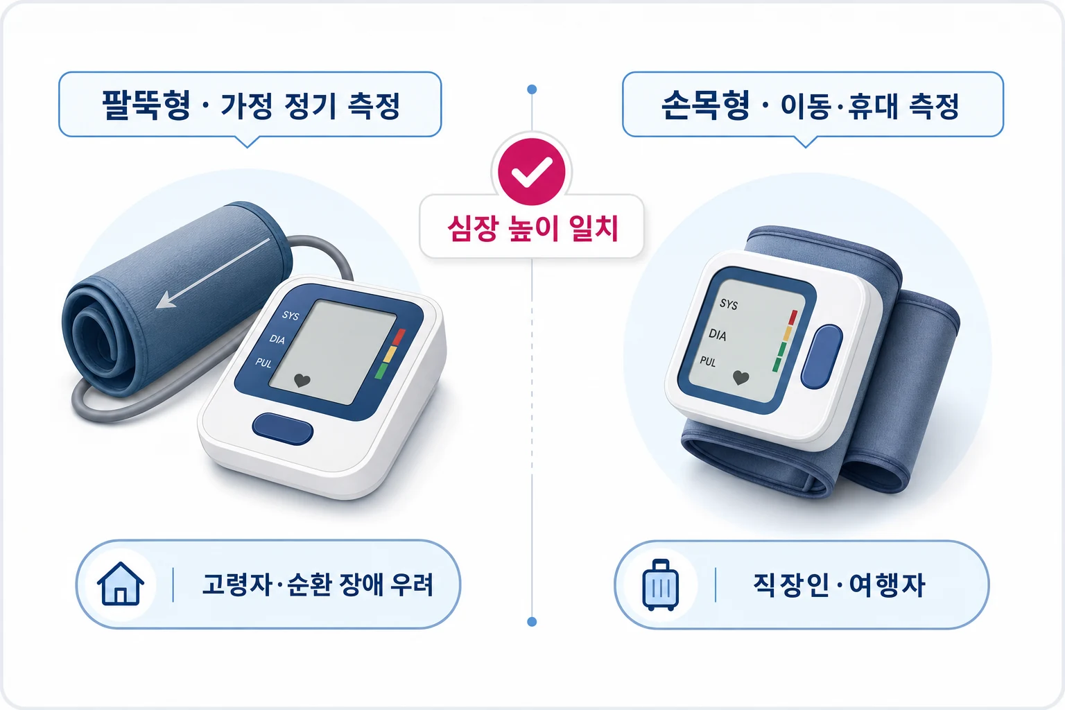 팔뚝형과 손목형 혈압계의 측정 환경·적합 대상·휴대성을 좌우 비교한 다이어그램